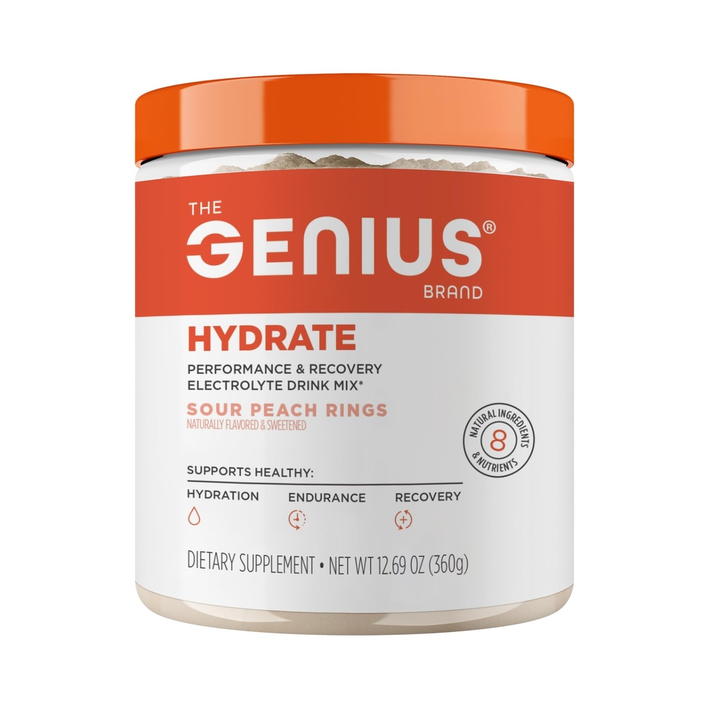 Genius Brand Genius Hydrate - Electrolite Suplemen Harian Hydration - Coconut Water - Sugar- Free - 8 Esculity Mintrients & Non- GMO - Sour Peach Rings - 50 Servings