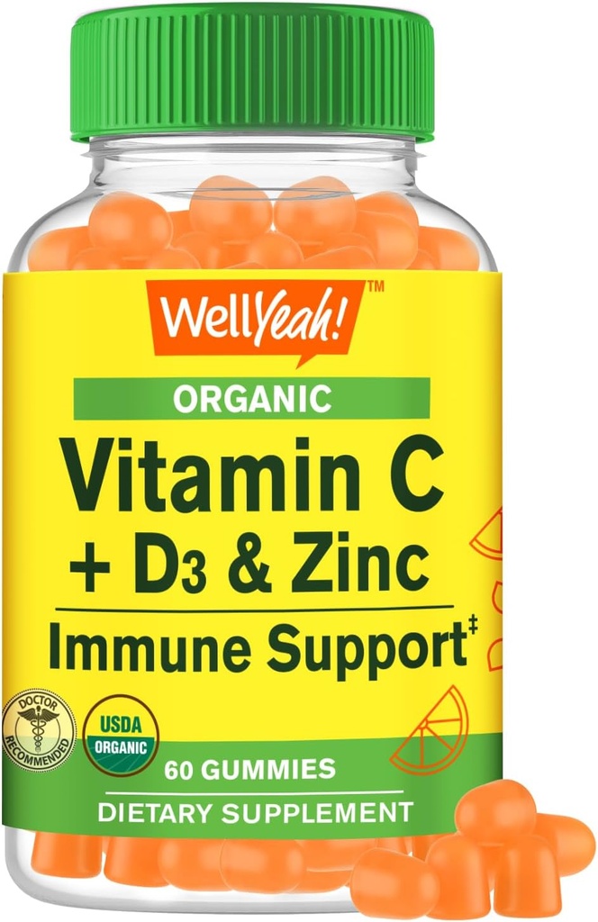 Wellyeah Vitamin Organik C + D3 + Zinc Gummies - Imune Boosting, Antioksidant- Kaya, dan Pendukung Kesehatan Tulang, USDA Organik, Vegan, dan Non- GMO - Bebas, Nut- Free Gummy - 60 Count