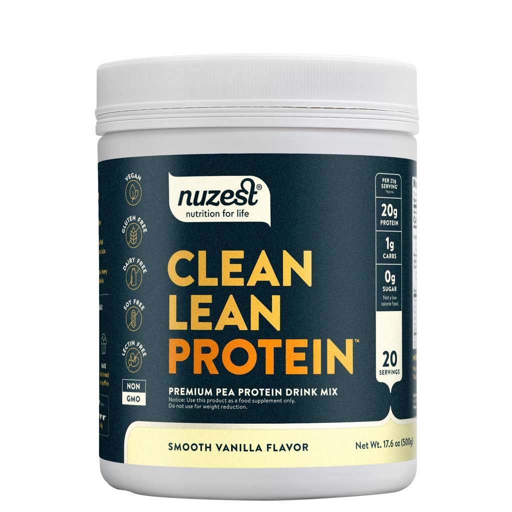 Nuzest - Pea Protein Powder - Clean Lean Protein, Premium Vegan Plant Based, Dairy Free, Gluten Free, GMO Free, Alamiah Sweeded Protein Shake, Smooth Vanilla, 20 LB