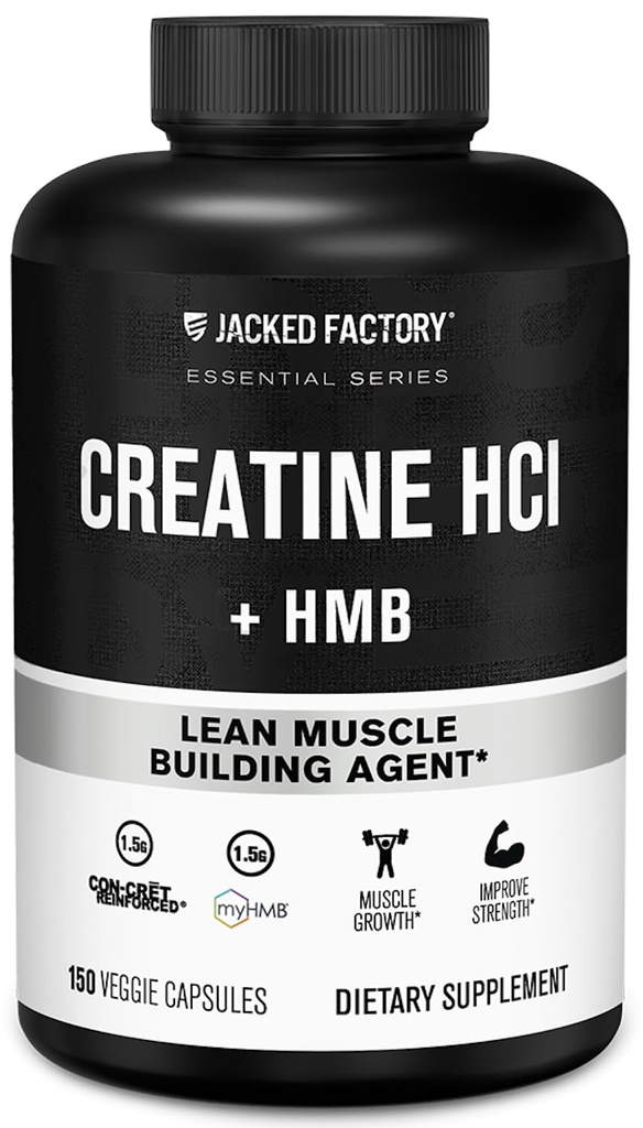 Jacked Factory Creatine HCL + HMB Capsules - Synergistic CON-CRET, myHMB, & Vitamin D Formula Formula untuk Peningkatan, Kekuatan, & Reduced Muscle Breakdown - 150 Capsules