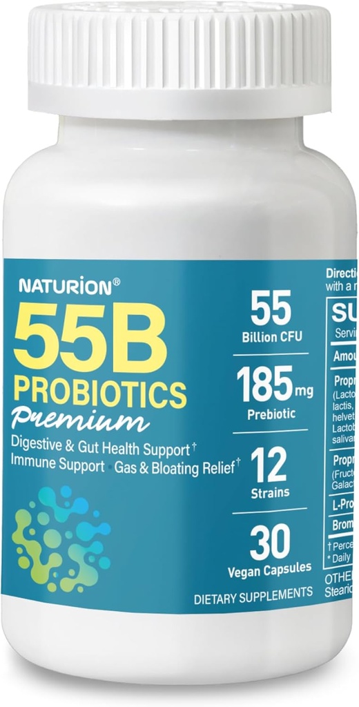 55B Probiletic Premium - 55 Milyar CFU, 12 Strains, 185mg Prebiotic - Imune support, Digetical & Gut Health - Supports Occational Constipation, Gas & Bloating - 30 Vegan Capsules, 30 Day Supply