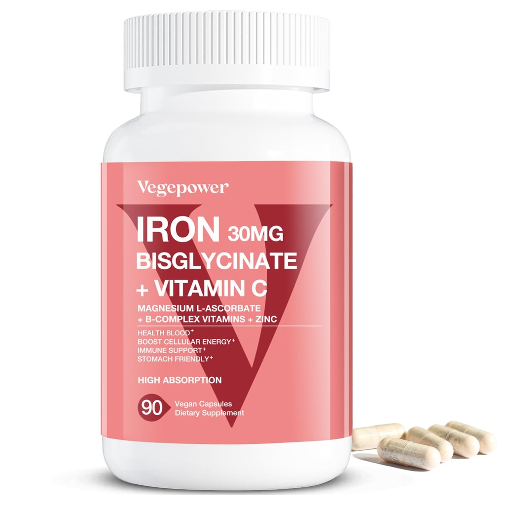 Suplemen Besi untuk Pria Wanita, Vegan Besi Bisglycinate 30mg Plus Vitamin C, B12, Folic Acid - Pil Besi untuk Anemia, Kesehatan & Energi Dukungan - Lembut, Absorpsi Tinggi, NON-GMO - 90 Capsules