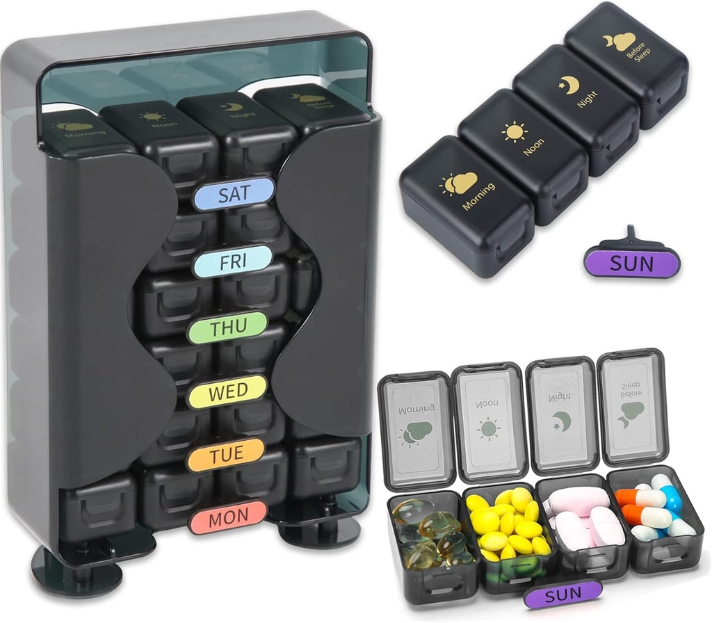 Weekly Pill Organizer 7 Day 4 Times a Day Large Pill Box Organizer dengan Drawer Designed Daily Pill Organizer untuk Hold Medicine, Medication, Vitamin and Fish Oils (Hitam)