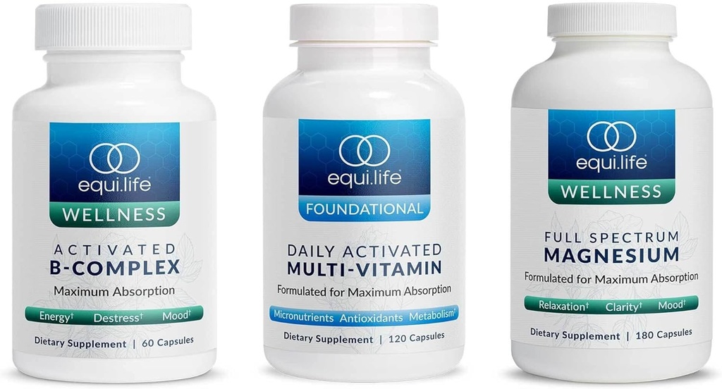 Equilife - Diaktifkan B Kompleks (60 ct), Full Spectrum Magnesium (180), Daily Activated Multi- Vitamin (30 Servis)