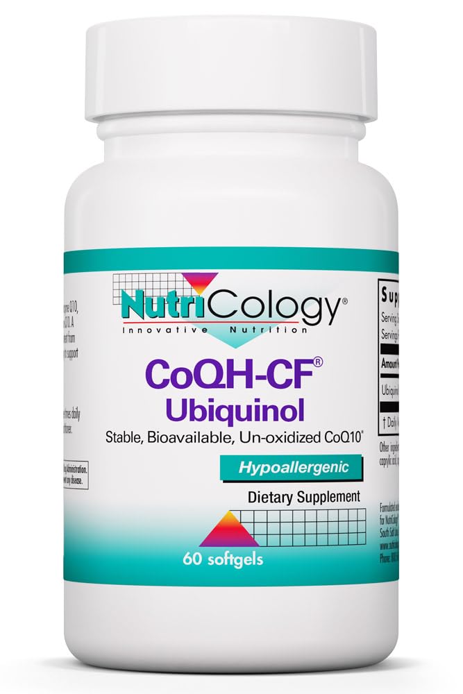 Nutrikologi CoQH-CF Ubiquinol 100mg Suplement - Un- Oxidied CoQ10, Supports Cardiovascular Health, Imune System Support, Stable, Biovailable, Softgels - 60 Count