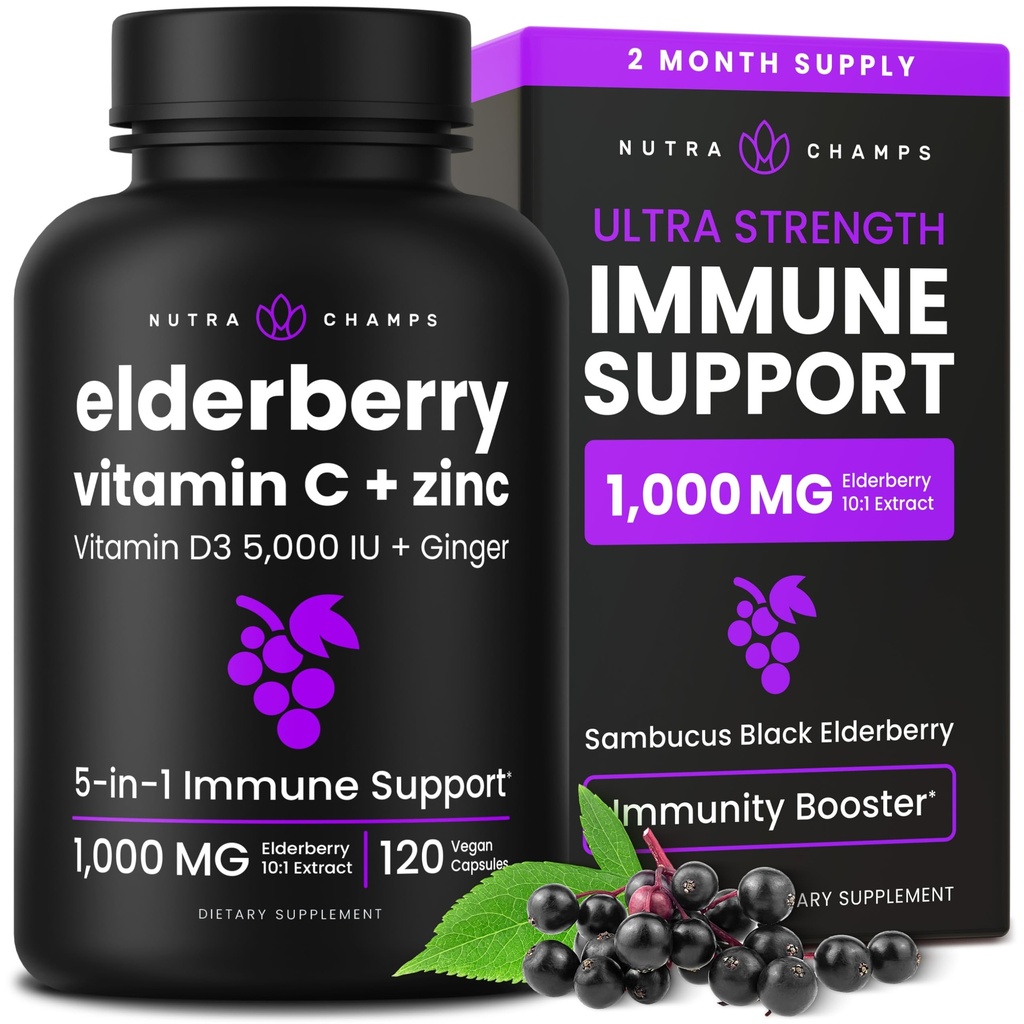 NutraChamps Elderberry dengan Vitamin C dan Zinc - 5 dalam 1 Imunity Suplement, 10000mg Sambucus Black Elderberry Capsules dengan Vitamin D3 5000 IU, Sambucus Elderberry Ekstrak Imune Dukungan untuk Dewasa