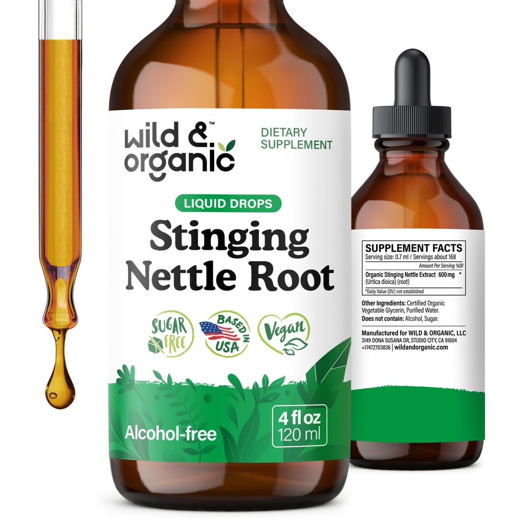Wild & Organic Stinging Nettle Tincture - Stinging Nettle Root Extract Drops for Men & Women - Liquid Urtica Dioica Suplemen - Vegan, Sugar & Alcohol- Free - 4 fid oz