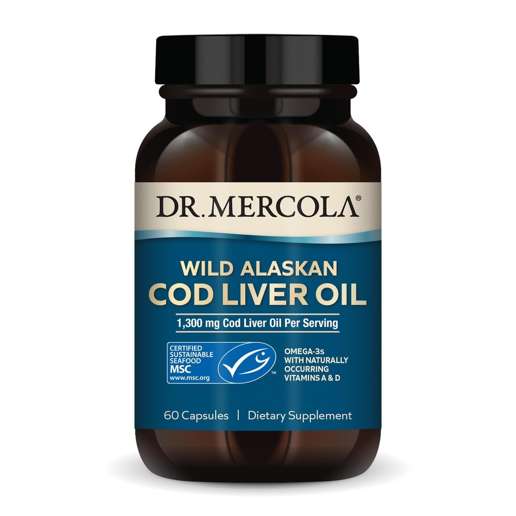 Dr. Mercola Cod Liver Oil, 1.300 mg Per Serving, 30 Servings (60 Kapsul Dietary), Supports Brain, Bone and Joint Health, Non-GMO, MSC Certifikasi