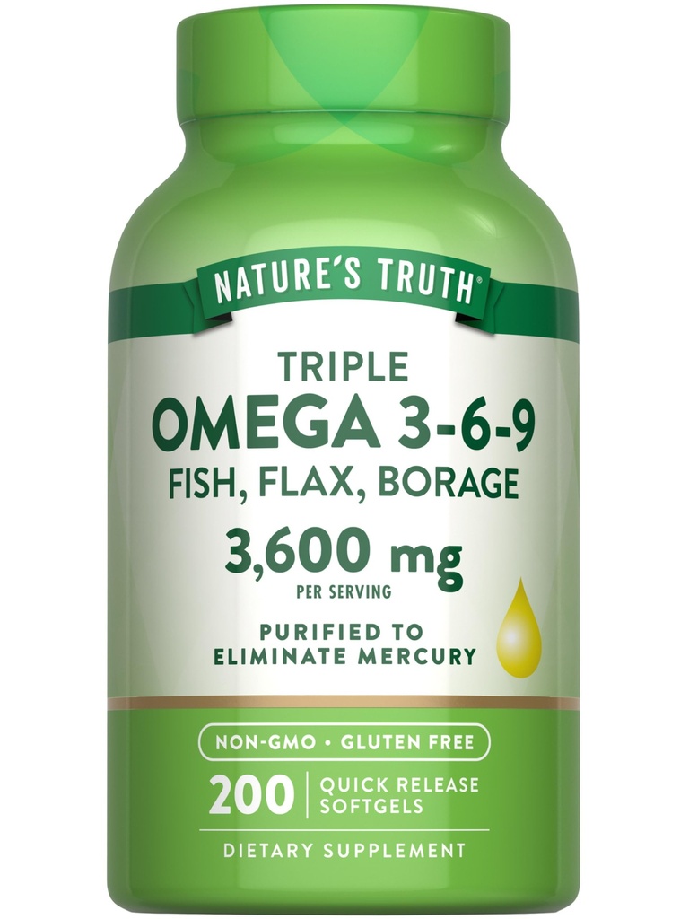 Nature 's Truth Triple Omega 3 6 9 124; 3600mg 124; 200 Softgels 12.4; Fish, Flax, dan Borage Oil 124; Non-GMO & Gluten Free Suplemen