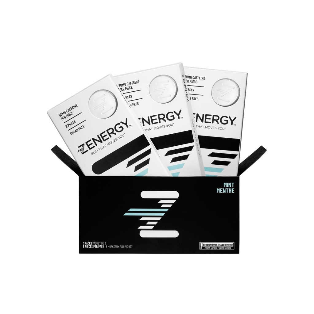 Gum Energi ZENERGY - Mint Flavor 124; 50mg Caffeine + 35% B6 dan 45% B12 Vitamin 14; Vegan, 0 Sugar, 0 Kalori, 0 Gluten, 0 Aspartame, Non-GMO, Instant Action 124; 3 Pack = 24 Count