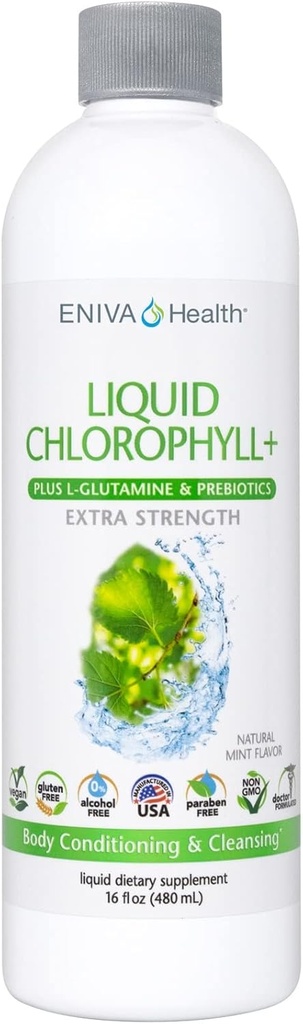 Eniva Health Liquid Chlorofil Super Greens (Klorofil Super Greens) 24K MG dengan Prebiotic & L-Glutamine 124; Mint Flavor 124; Skin, Imunitas, Energi, Detox, Gut Health 124; Vegan, Gluten & Alcohol- Gratis 124; 48 Services; Amerika dibuat