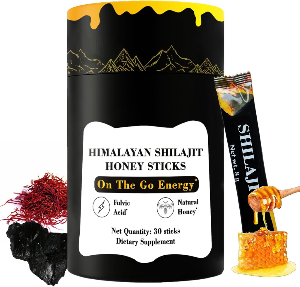 Himalaya murni Nutritious Shilajit Honey Sticks Gold- Saffron, Honey - 75% Fulvic Acid, 85 + Trace Mineral - untuk Wanita Pria - 30 Sticks (Shilajit Honey 30 Sticks)