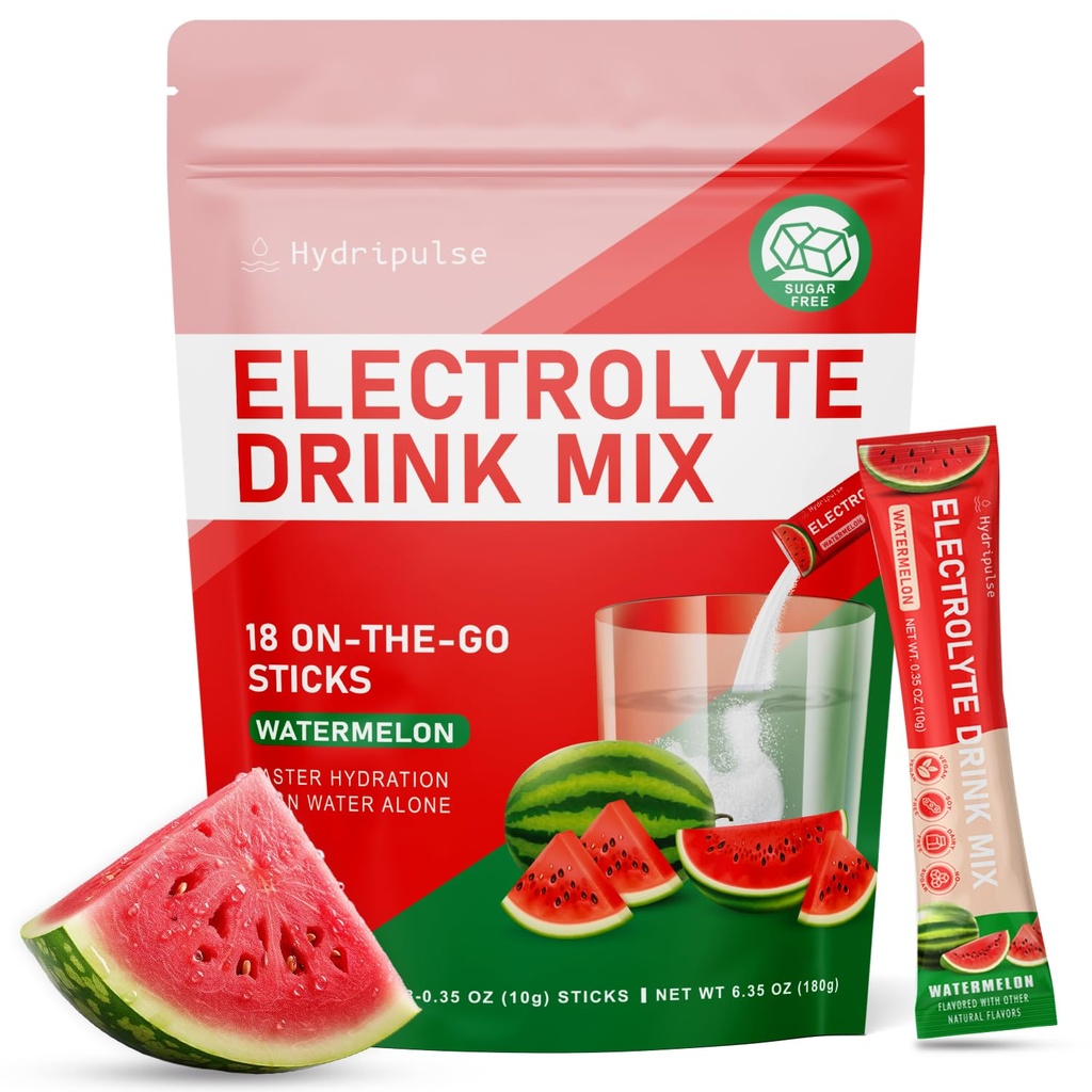 Paket Bedak Elektrolytes - Sugar Free, Alamiah Flavored, 10 Electrolite & Vitamin Electrolite Minum Mix - Flavors Semangka, Keto Friendly, Vegan, Non- GMO, 18 Paket