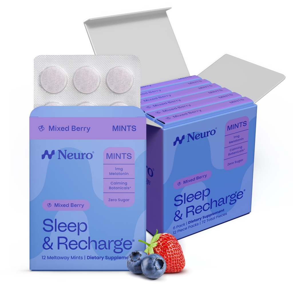 NeuroGum Sleep & Recharge Meltaway Mints 124; 1mg Melonalin + Chamomile + Elderberry + Lemon + Passion Flower 124; Natural Sugar Free Reest & Relaxation Suplemen (Mixed Berry, 72 Piesses)