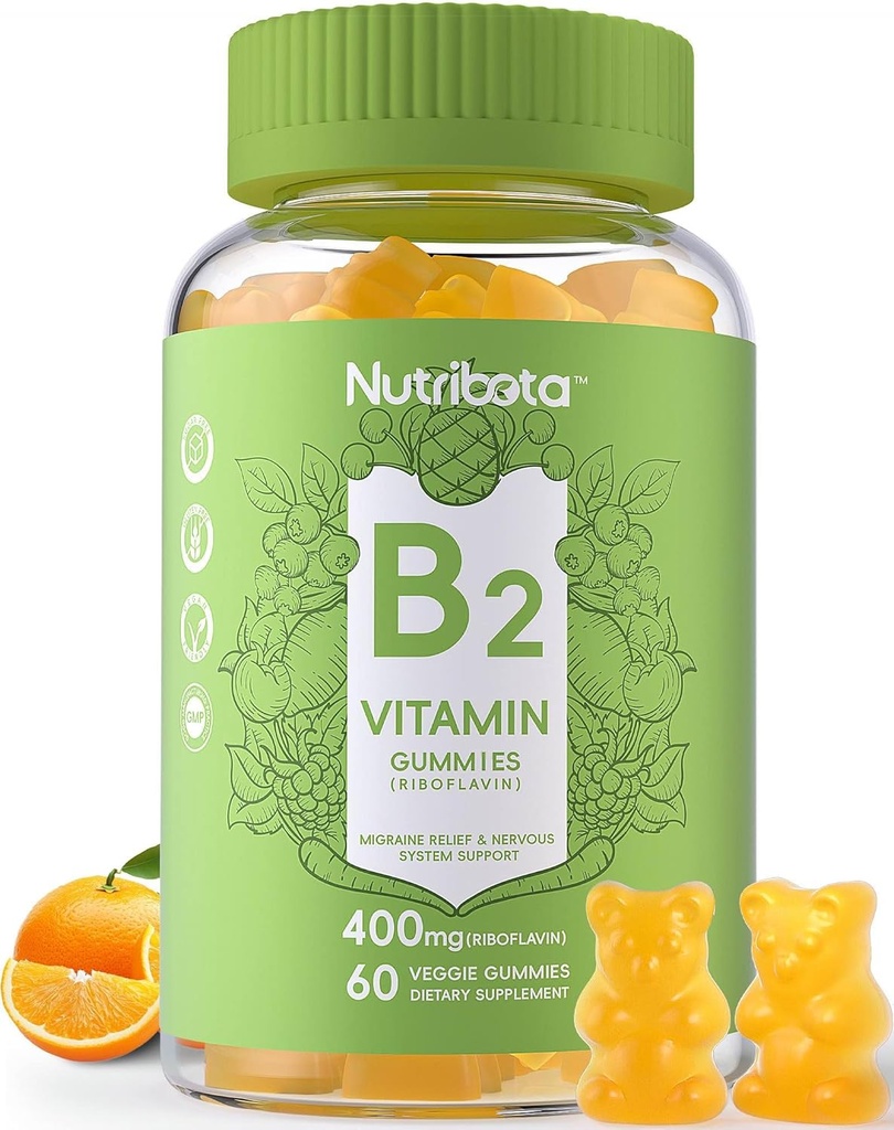Sugar Free Vitamin B2 Gumies - Riboflavin 400mg 200mg dengan Magnesium, CoQ10 untuk Dewasa & Anak-anak, Vegan, 60 Count
