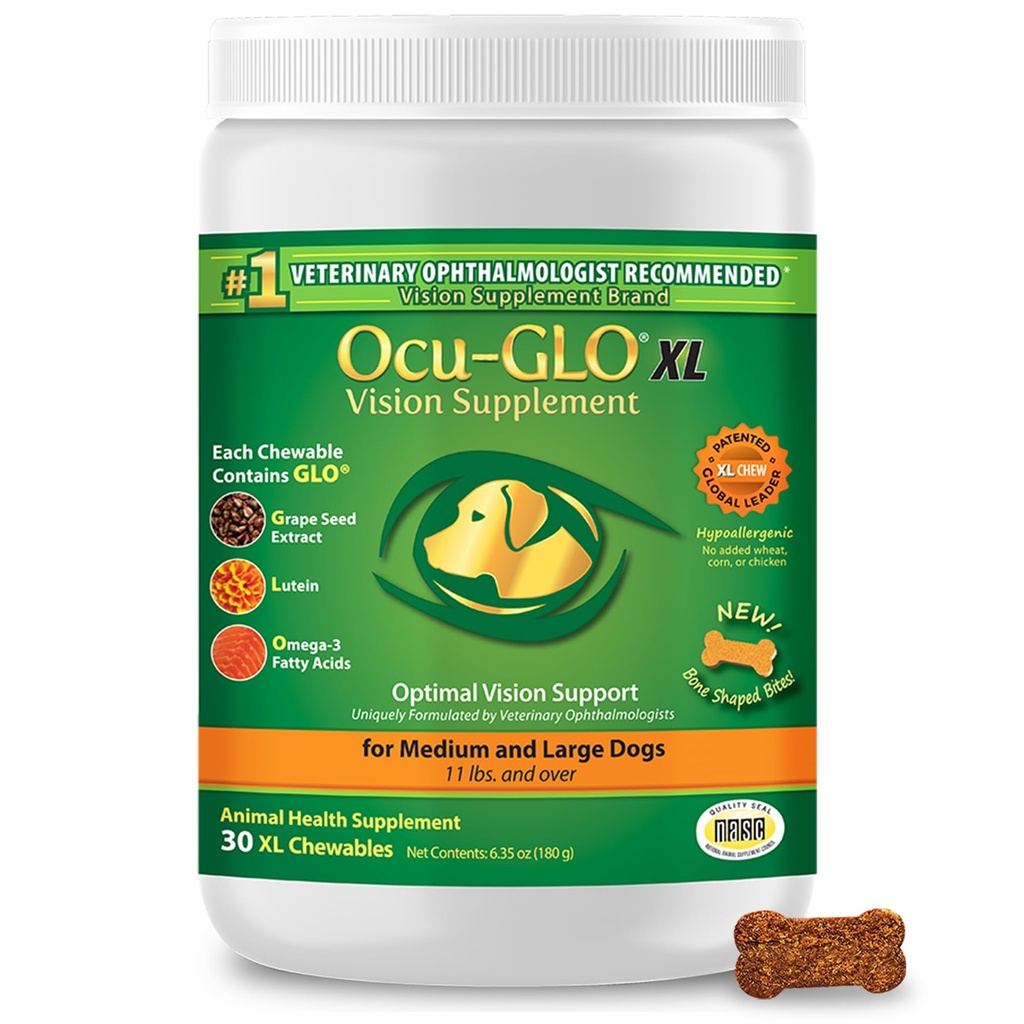 Ocu- GLO Cat & Dog for Eye Dupport - Chewable Vision Suplement for Large and Small Pets Care with Lutein, Omega-3 Fatty Acids, Grape Seed Extract & Antioksidants 30 XL Chewables
