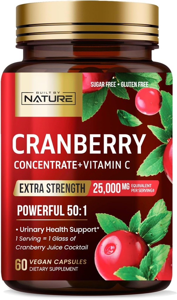 Dibangun oleh Nature Cranberry Pil 25.000mg - Ekstra Kekuatan 50: 1 Ekstraksi dengan Vitamin C