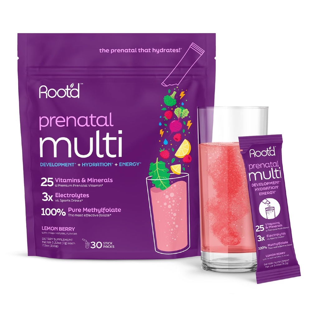 Root 'd Prenatal Multivitamin Powder - 25 Vitamin & Minemins & Minemasons dengan 3x Electrolytes, Folate, Iron, D3 for Mom & Baby, 7 Superfood & Progration, Sugar- Free Vitamin & Hydration 124; 30 Vitamin D3 D3 untuk Minuman Paket
