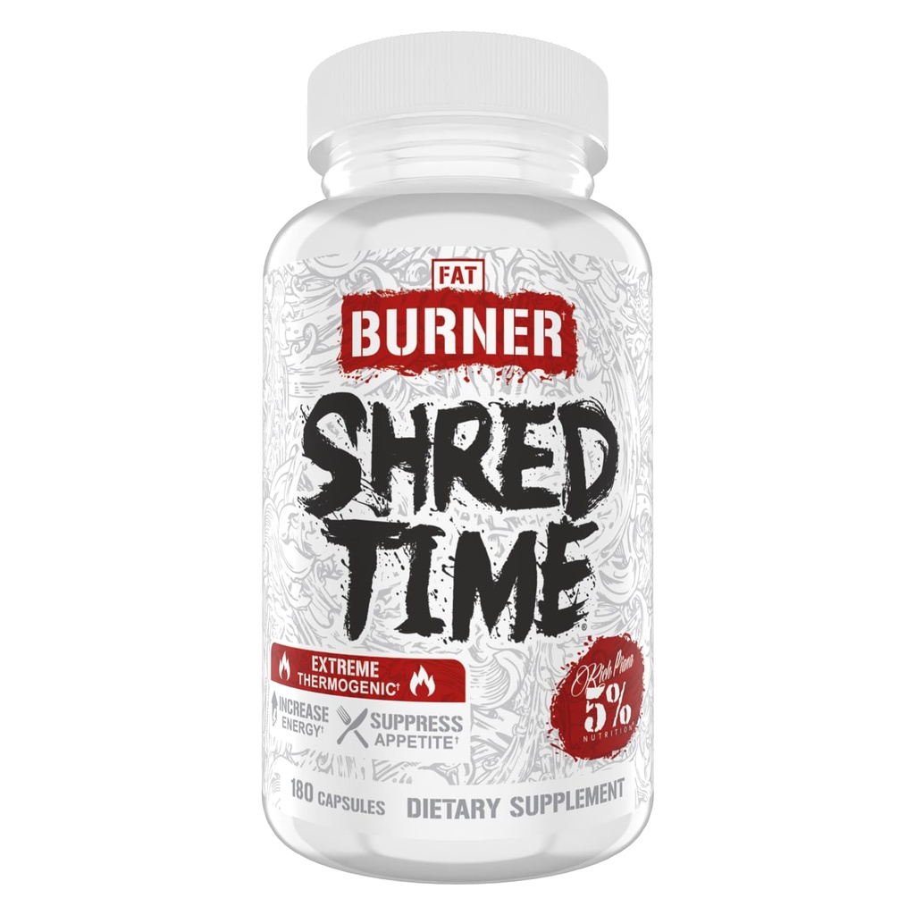 5% Nutrition Shred Time Fat Burner 134; Green Tea, Coffee Bean, Cayenne, Theobromine, GBB 124; Appetite Suppression 124; 30 Servings (180 Capsules)