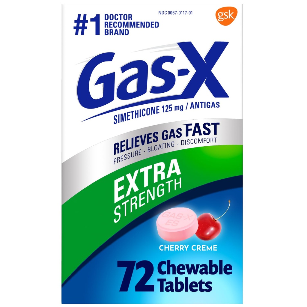 GAS-X Ekstra Kekuatan Relief Gas Terchewable Tablet dengan Simejicone 125 mg untuk Bloating Relief, Cherry - 72 Count