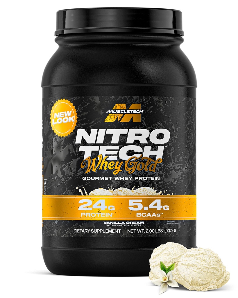 MuscleTech Whey Protein Powder (Vanilla Cream, 2LB) - Nitro- Tech Whey Protein Isoate Smoothie Mix untuk Lean Muscle & Recovery - 24g Whey Gold for Women & Men - Packating May Wary