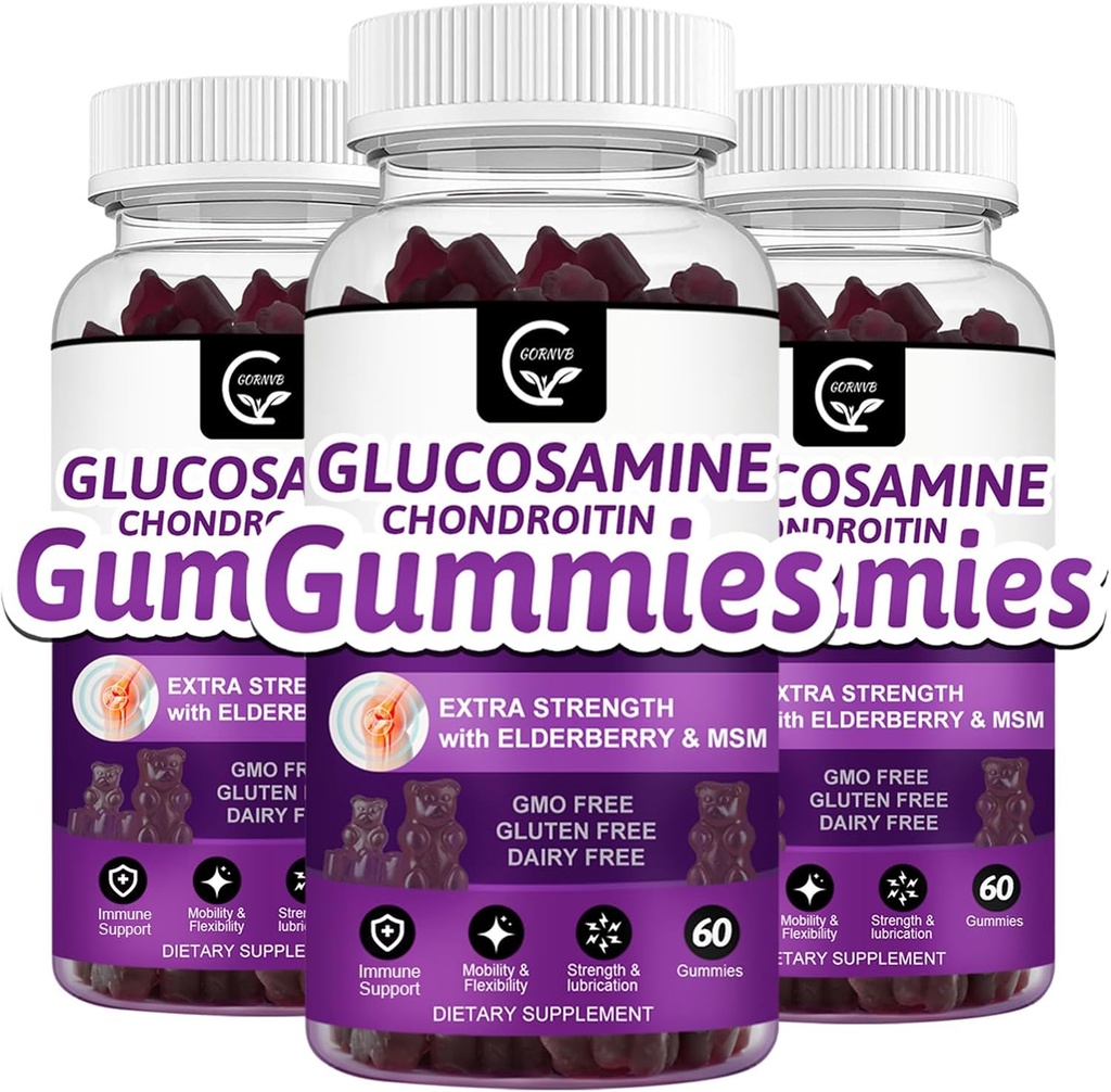 Glucosamin Chondroitin Gummies dengan MSM & Elderberry - Dukungan Mobility & Fleksibilitas Ekstra, Suplemen Antioksidant Immune untuk Dewasa, Pria & Perempuan - 60 Chondroitin Gummies (3 Pack)