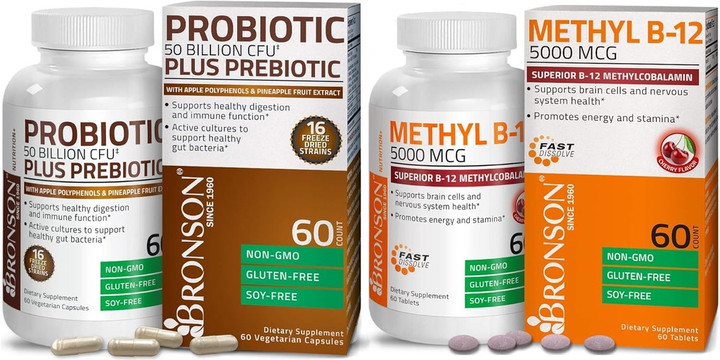 Bronson Probiotic 50 Milyar CFU + Prebiotic dengan Apple Polyphenol & Pineapple Fruit Extract + Methyl B12 5000 mcg Vitamin B12 Methylcobalamin