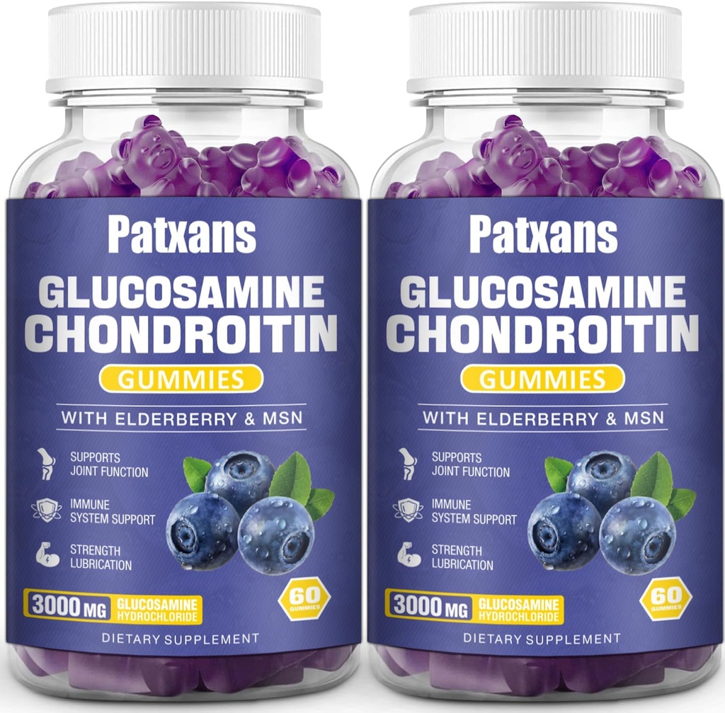 2 Packs 3000MG Glucosamin Chondroitin Gummies - Ekstra Kekuatan Kesehatan Gabungan & MSM Elderberry Dukungan Bersama Alam, Fleksibilitas, Antioksidant Immune Dukungan untuk Dewasa, 120 Gummi.