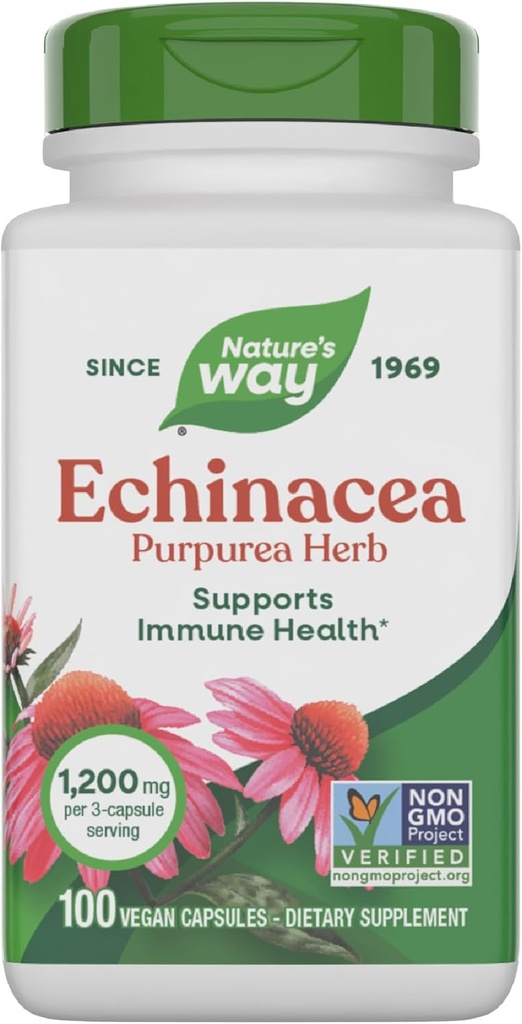 Nature 's Way Echinacea Purpurea Herb, Suplemen Dukungan Imune *, 1200 mg per 3- kapsul yang melayani, Proyek Non-GMO Verifikasi, Vegan, 100 Kapsul (Packaging May Vary)