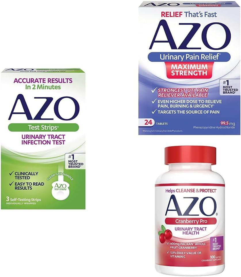 AZO UTI Relief Bundle - AZO UTI Test Strips 3ct, AZO Urinary Pain Relief Max Kekuatan 24ct, AZO Cranberry Pro Supplemen 100