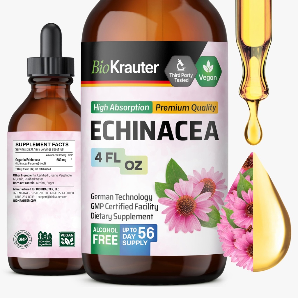 BIO KRAUTER Echinacea Drops - Dukungan Imune Natural - Echinacea Tincture Suplement - Vegan, Alkohol & Gula Free Drops - 4 Fl.Oz.