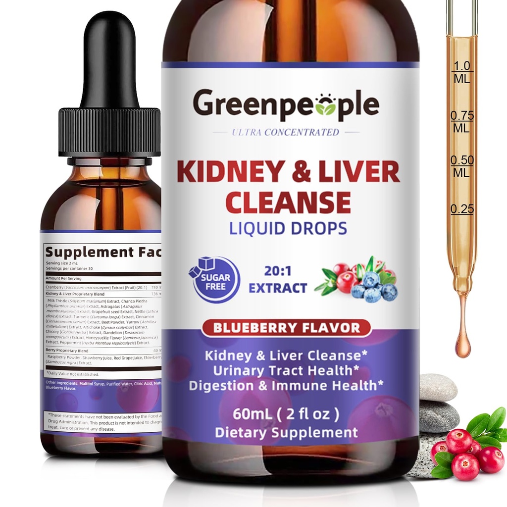 Gregenpeople Kidney Cleanse Detox & Repair - 27- In- 1 Kidney & Liver Drops with 20: 1 Cranberry Extract & Chanca Piedra, Alcohol- Free Tract & Liver Dukungan (2 Oz 1 Pack, Blueberry)