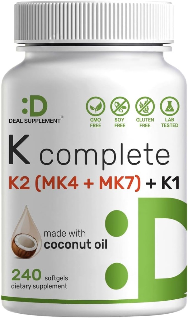 DEAL SUPLEMENT Vitamin K Complete - 240 Coconut Oil Softgeels 12.4; High Potamin K2 (MK-7 dan MK-4) & K1 124; Full Spectrum Triple Vitamin 124; Bone, Gabungan, & Imune Dukungan - Non-GMO