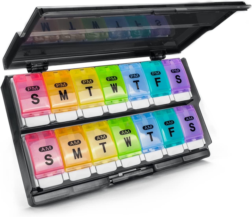 Ekstra Large Weekly Pill Organizer 2 Kali sehari - Rimoct Am / Pm Daily Case Medicine Organizer, Push Button 7 Day Pill Box for Pills / Vitamin / Cod Liver Oil / Suplemen (Rainbow)