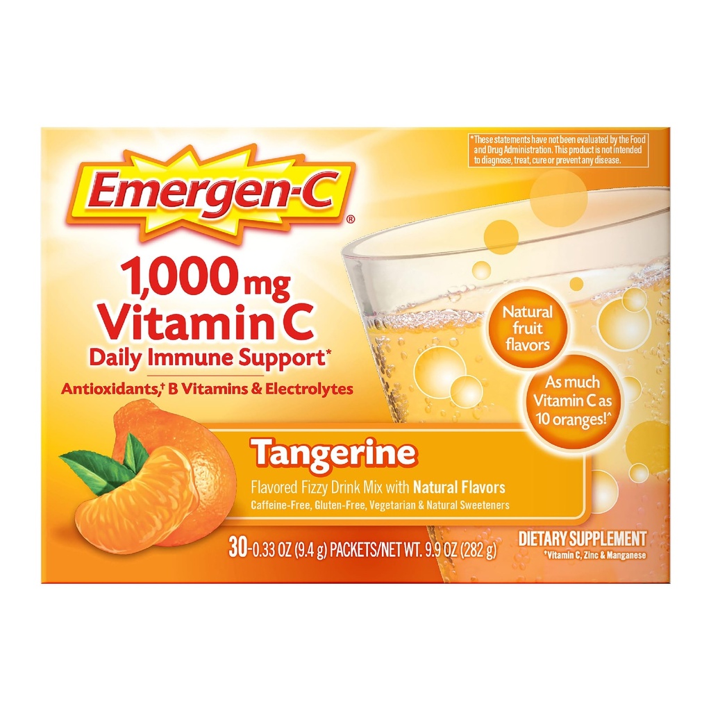 Emergen- C 1000mg Vitamin C Imune Dup Tangerine 30CT termasuk Zinc, Manganese, 7 B Vitamin dan Elektrolit untuk Kembali ke Esensial Sekolah