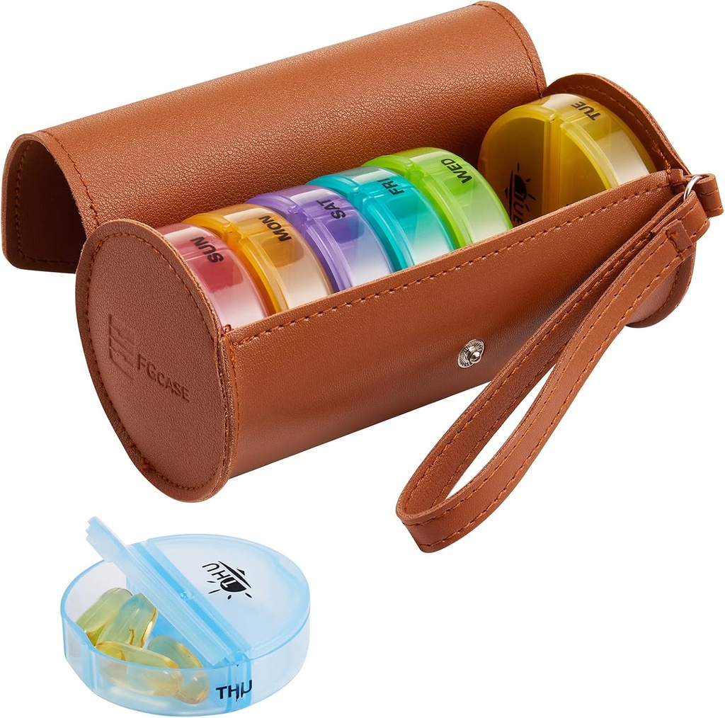 FGcase Weekly Pill Organizer 2 Times satu Hari Besar 7 Rainbow Pil Box dengan Brown PU Case Portable Travel Container AM PM Pill Box untuk Vitamin, Fish Oils, Medicine, Suplemen