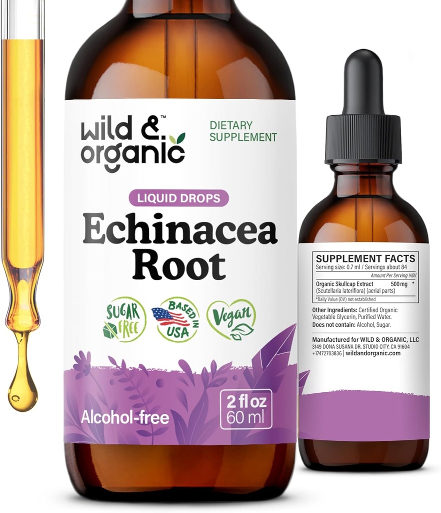 Wild & Organic Echinacea Tacture - Imune Support Drops with Liquid Echinacea Root Extract - Angustifolia Suplemen - Vegan, Sugar & Alcohol- Free - 2 fl oz