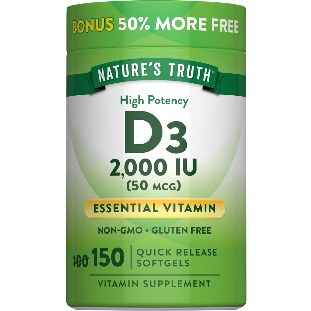 Nature 's Truth Vitamin D3 2000 IU Softgeels untuk Dewasa 124; 150 Count 124; Tinggi Potency 124; Non-GMO dan Gluten Free Supplemen