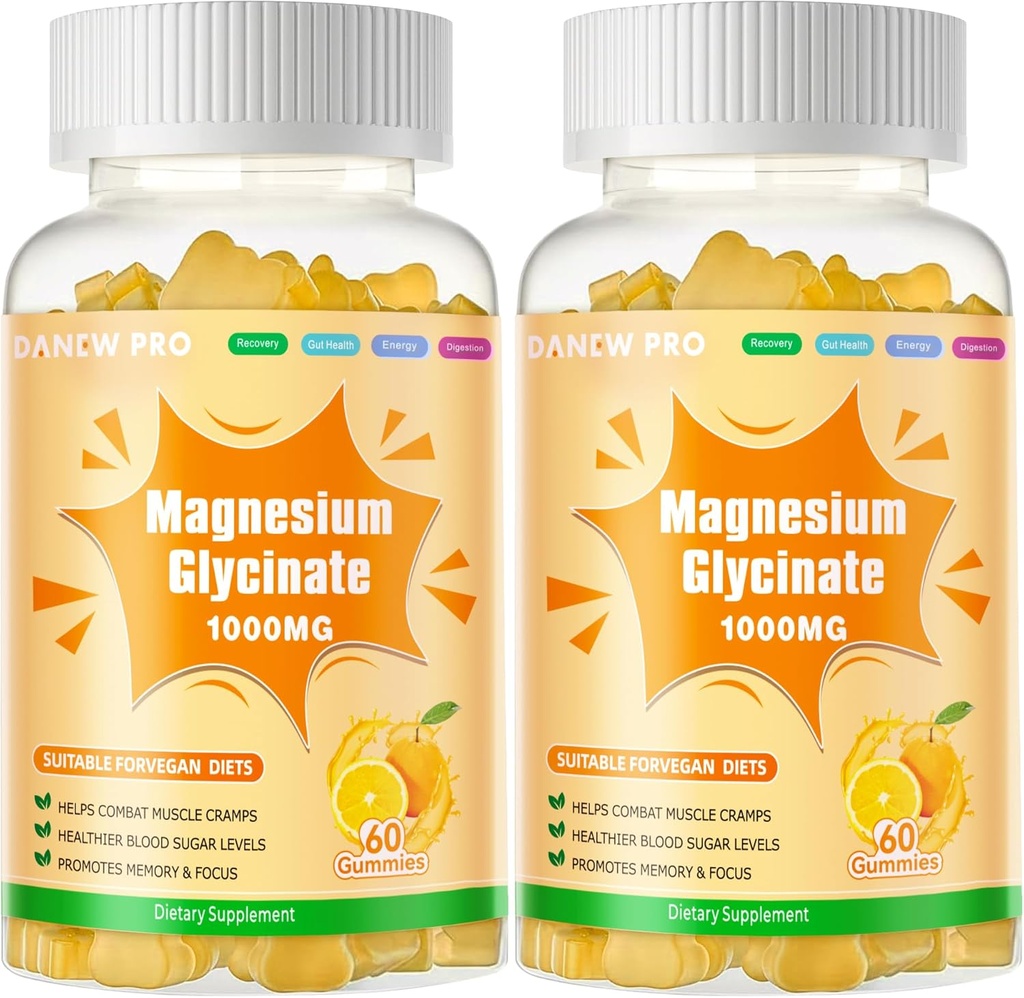 Magnesium Glycinate Gummies 1000mg - Sugar Free Magnesium Potsium Suplemen dengan Vitamin D, B6, CoQ10 untuk Calm Mood & Sleep - 120 Orange Gummies