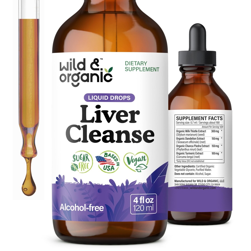 Wild & Organic Liver Cleanse Detox Tincture - Milk Thistle, Dandelion Root Herbal Complex - Liquid Liver Supplemen - Vegan, Sugar & Alcohol- Free Milk Thistle Drops - 4 fli oz