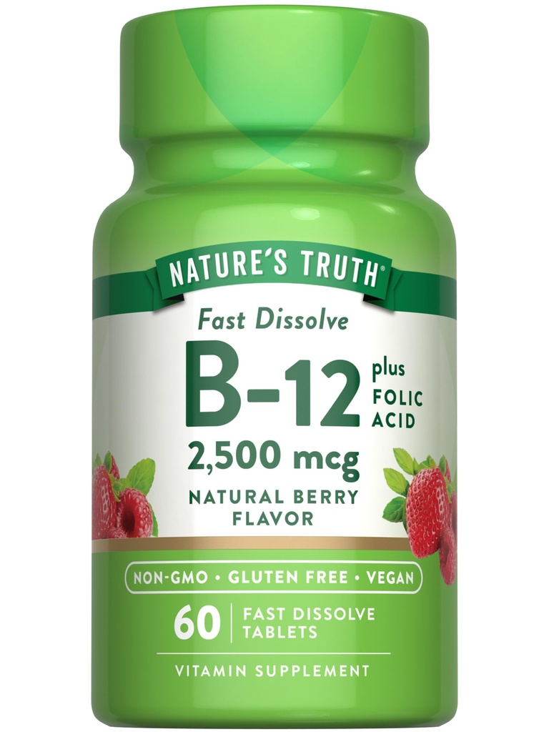 Nature 's Truth B12 Vitamin 124; 60 Fast Dissolve Tablet: 2500 mcg 124; dengan Folic Acid 124; Vegan, Non-GMO & Gluten Bebas