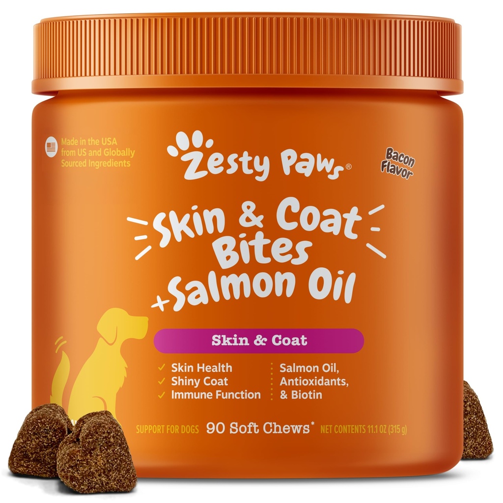 Zesty Paws Omega 3 Fish Oil for Dogs - Zesty Paw Dog Vitamin and Suplemen untuk Hip, Gabungan & Skin, Bacon (90 Chews)