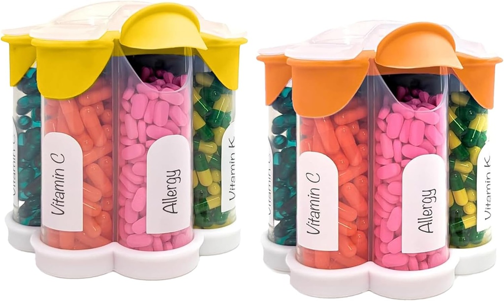 Extra Large Pill Organizer Daily, Weekly, Monthly Suplement Bottle, Cute Blossom Pill Dispenser dengan 7 XL Compartment (2 Pack Combo) (Orange dan Kuning)
