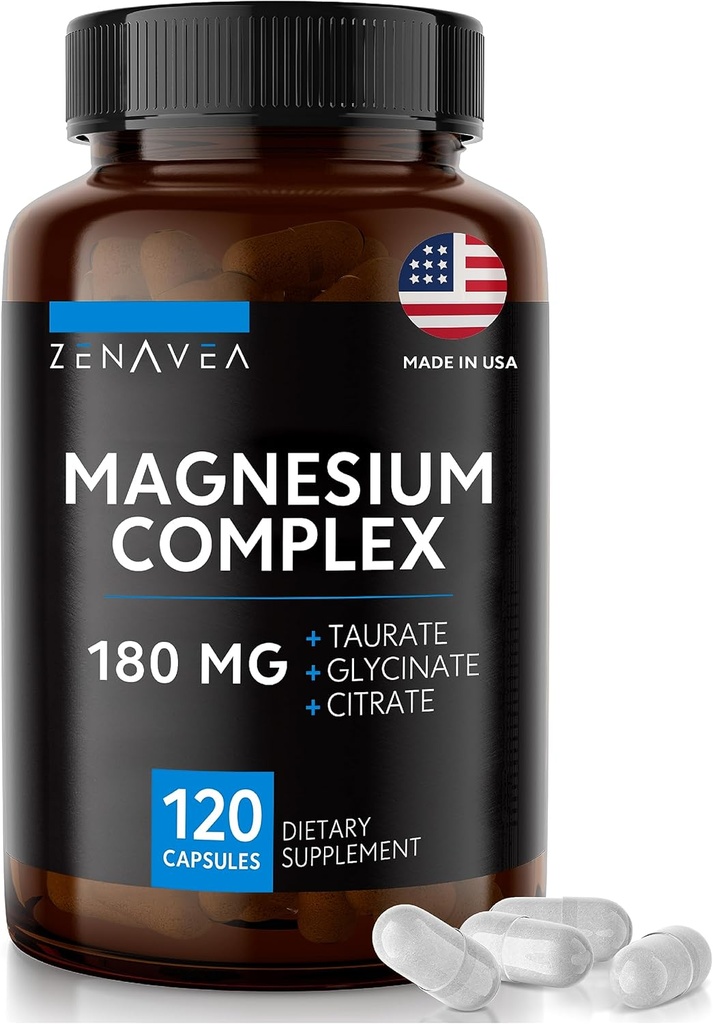 Triple Magnesium Complex Suplement (120 Vegan Capsules) - 180mg of Magnesium Glycinate Taurate and Citrate - Calm Magnesium Complex Suplemen