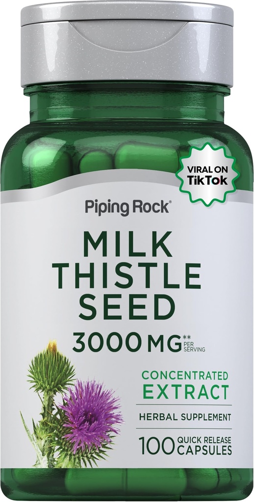 Piping Rock Milk Thistle Supplemen 3000mg 124; 100 Capsules 124; konsentrasi Herbal Extract 124; Non- GMO, Gluten Bebas