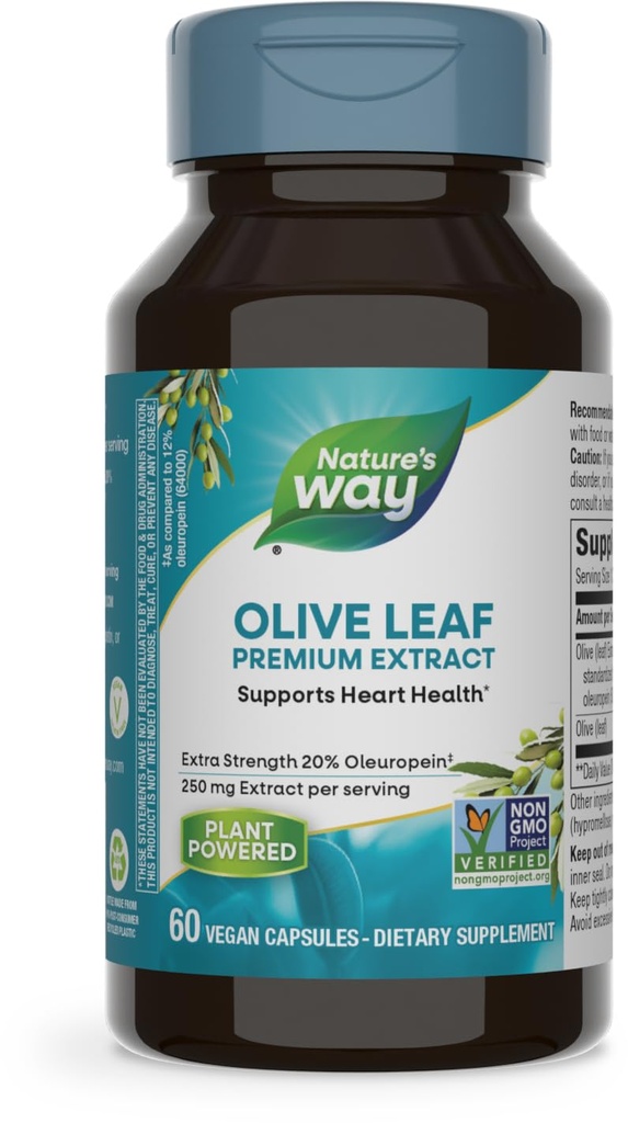 Nature 's Way Olive Leaf, Premium Extract, Support Heart Health *, 20% Oleuropein, 250 mg per serving, Non-GMO Project Verified, 60 Vegan Capsules (Packaging May Wary)