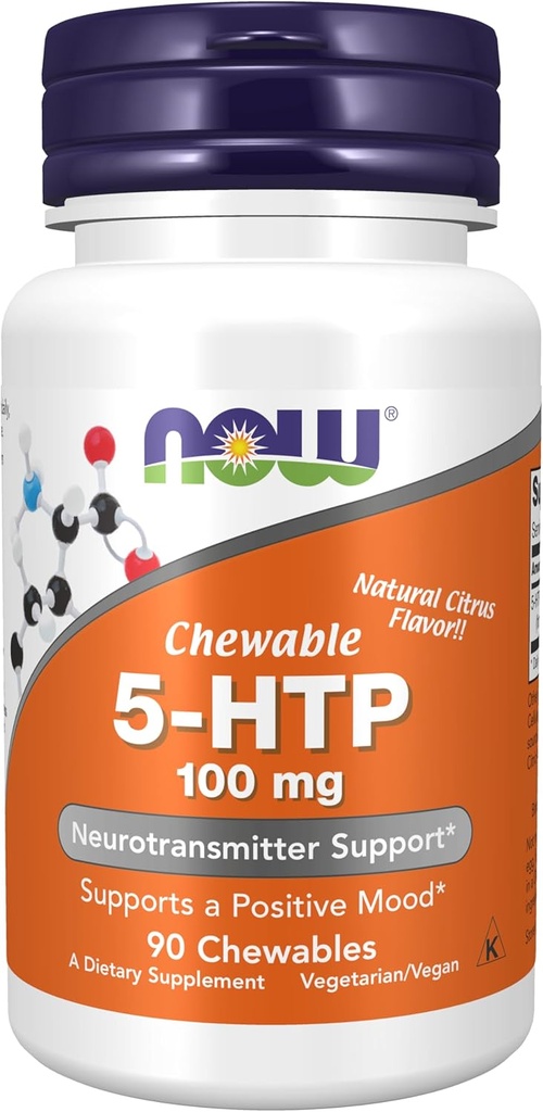 Suplemen NOW Foods, 5- HTP (5- hydroxypyptophan) 100 mg, Neurotransmitter Dukungan *, 90 Chewables