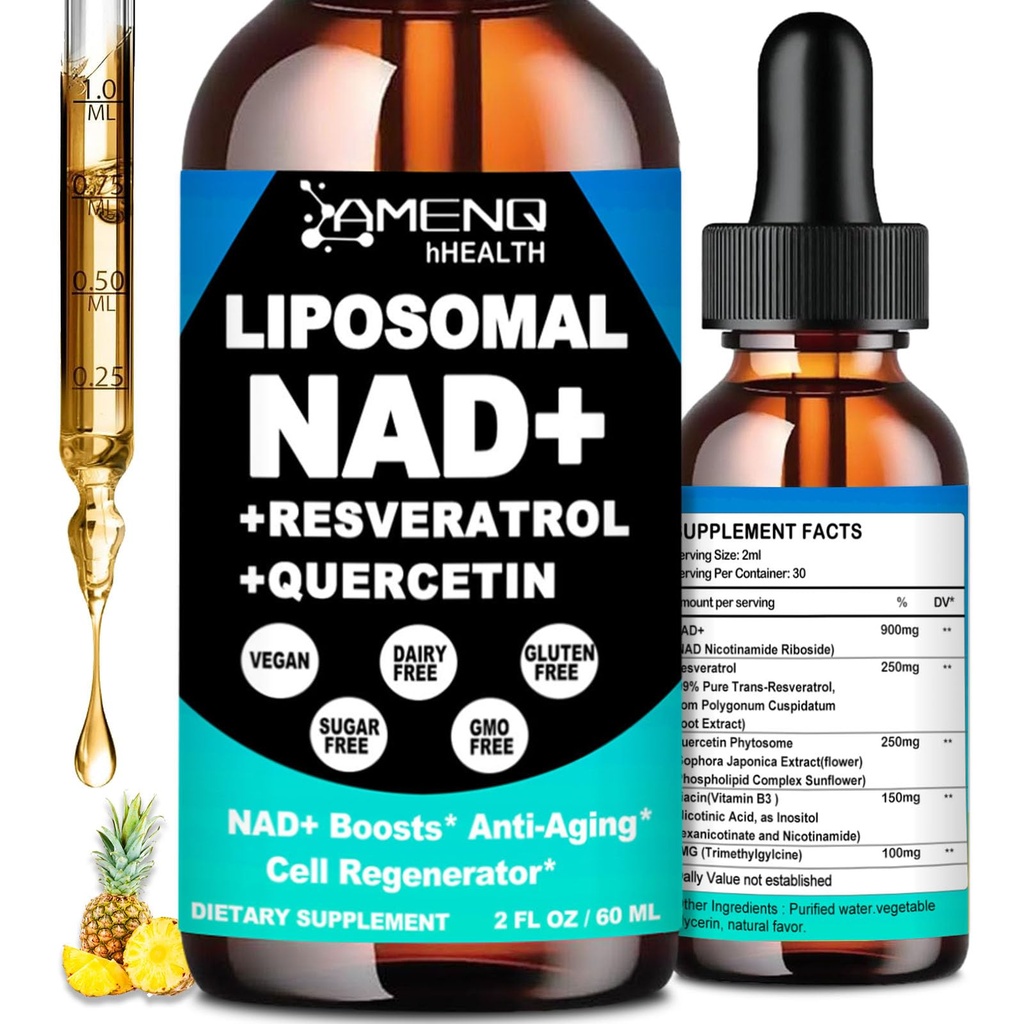 Suplemen NAD, Lipomal NAD Nicotinamide Riboside Resveratrol 900mg Quercetion, TMG, Vitamin B3, Potency Tinggi NAD Plus Suplemen Liquid Regenerator Sel, Longfighity, Energy, Anti- Aging, Fokus