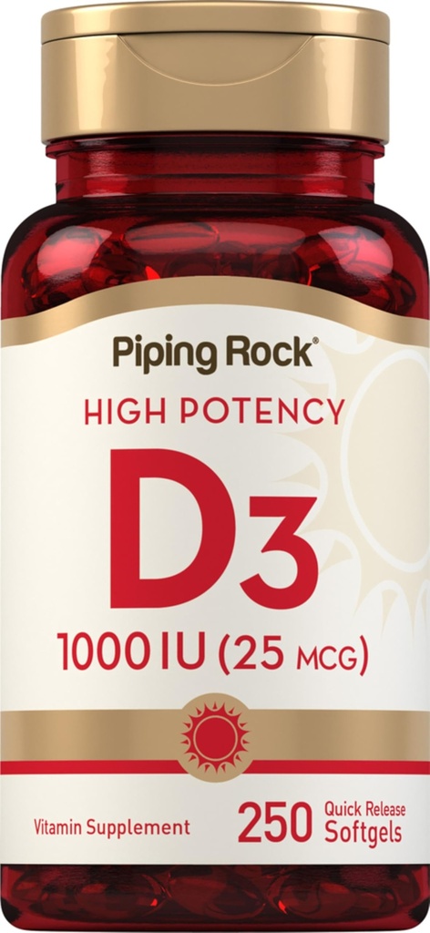 Piping Rock Vitamin D3 1000IU 124; Potency Tinggi (25 mcg) 14; 250 Softgels 126; Non-GMO, Gluten Free Suplemen