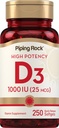Piping Rock Vitamin D3 1000IU 124; Potency Tinggi (25 mcg) 14; 250 Softgels 126; Non-GMO, Gluten Free Suplemen